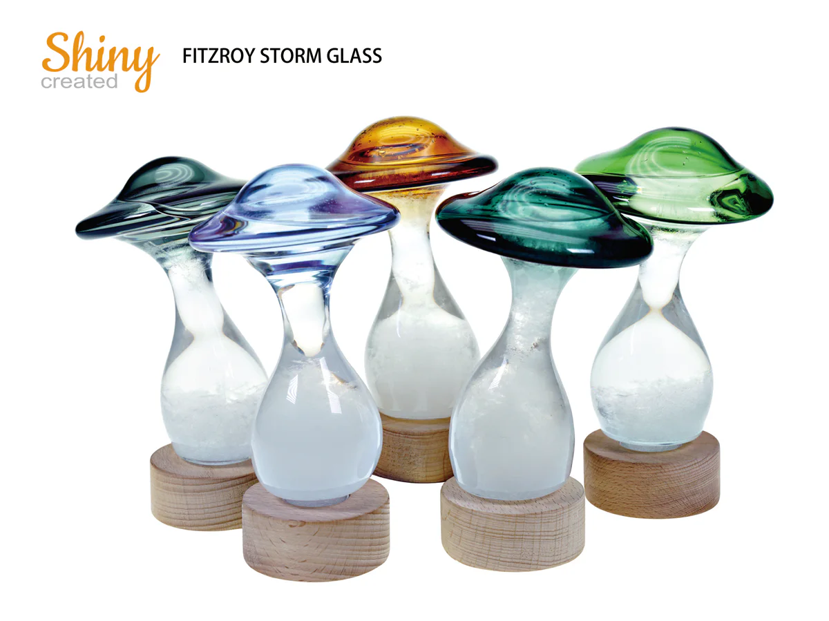 Promotional group presentation of mushroom-shaped storm glasses