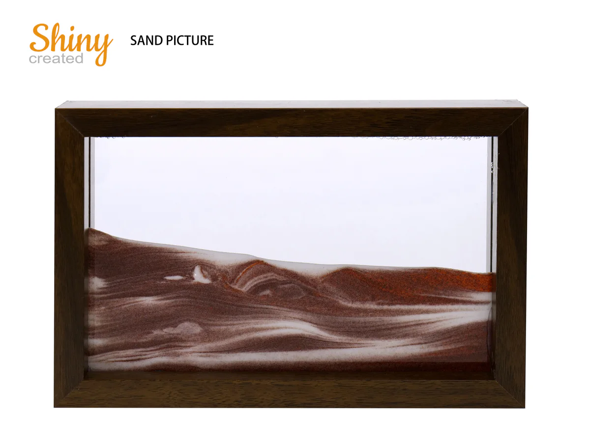 Rectangular framed sand picture with layered brown and white sand
