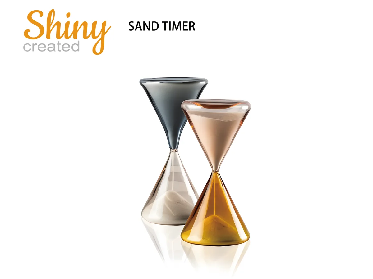 Two conical sand timers in grey and amber finishes