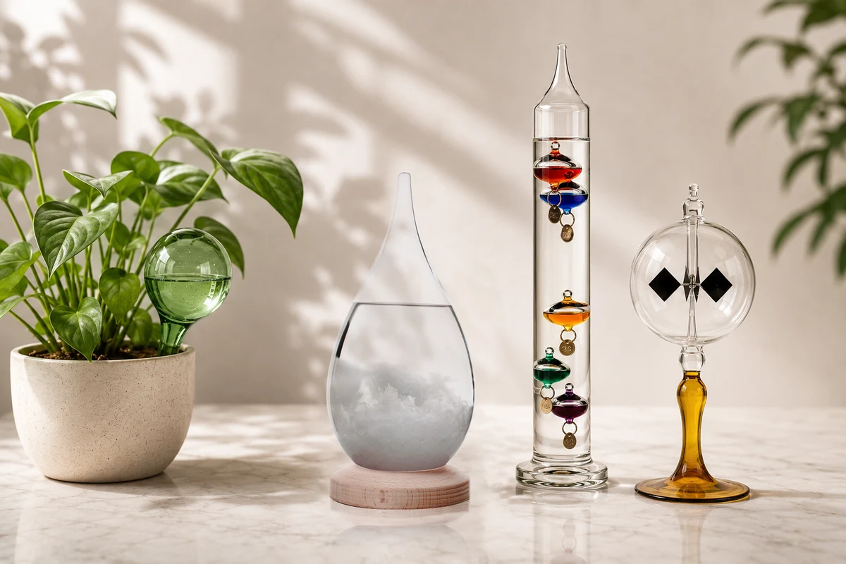 A watering globe, storm glass, Galileo thermometer and solar radiometer in a warm modern interior.